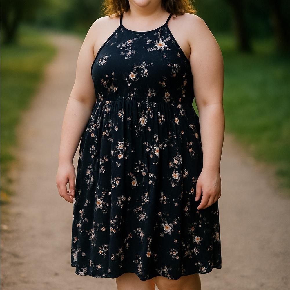 Torrid Size 0X Halter Skater Dress Black Floral‎ Rayon Vintage Y2K Grunge